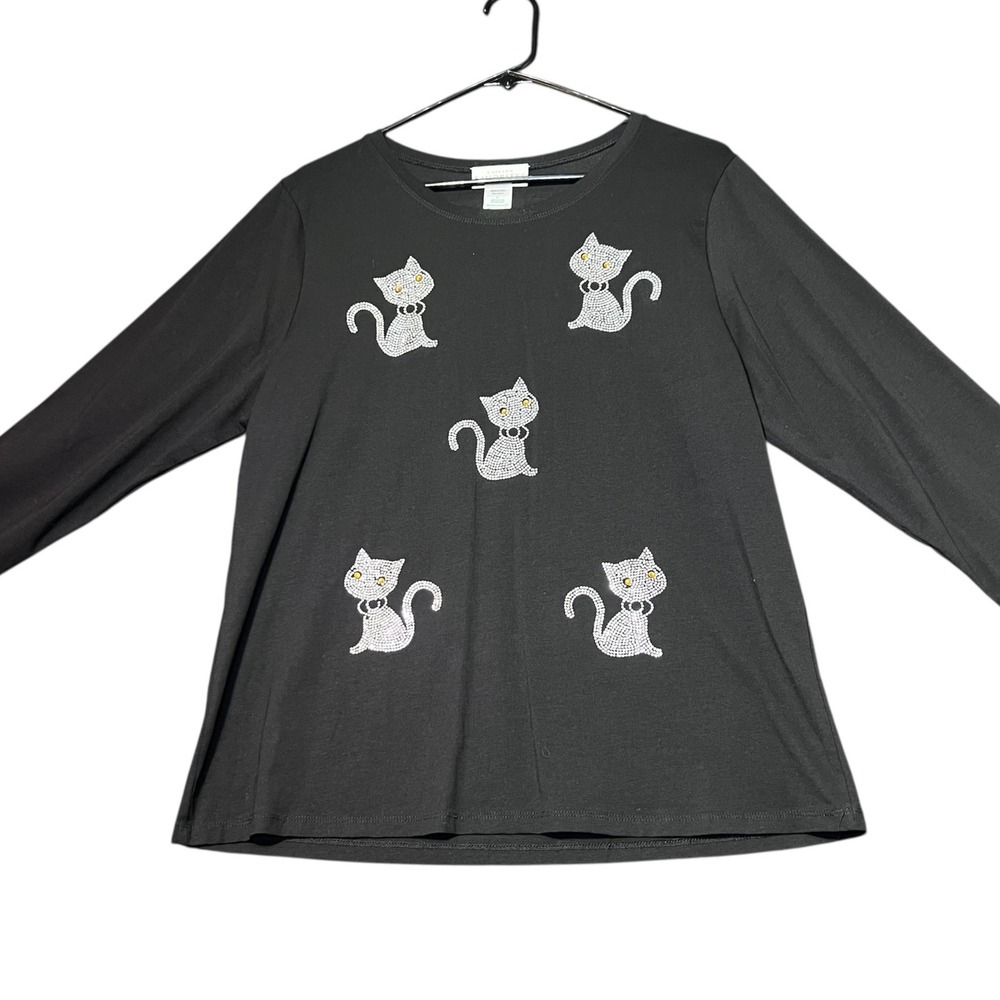 Catalog Favorites Rhinestone Cat Shirt Womens Large Long Sleeve Pets Cute Kitten - Picture 2 of 11
